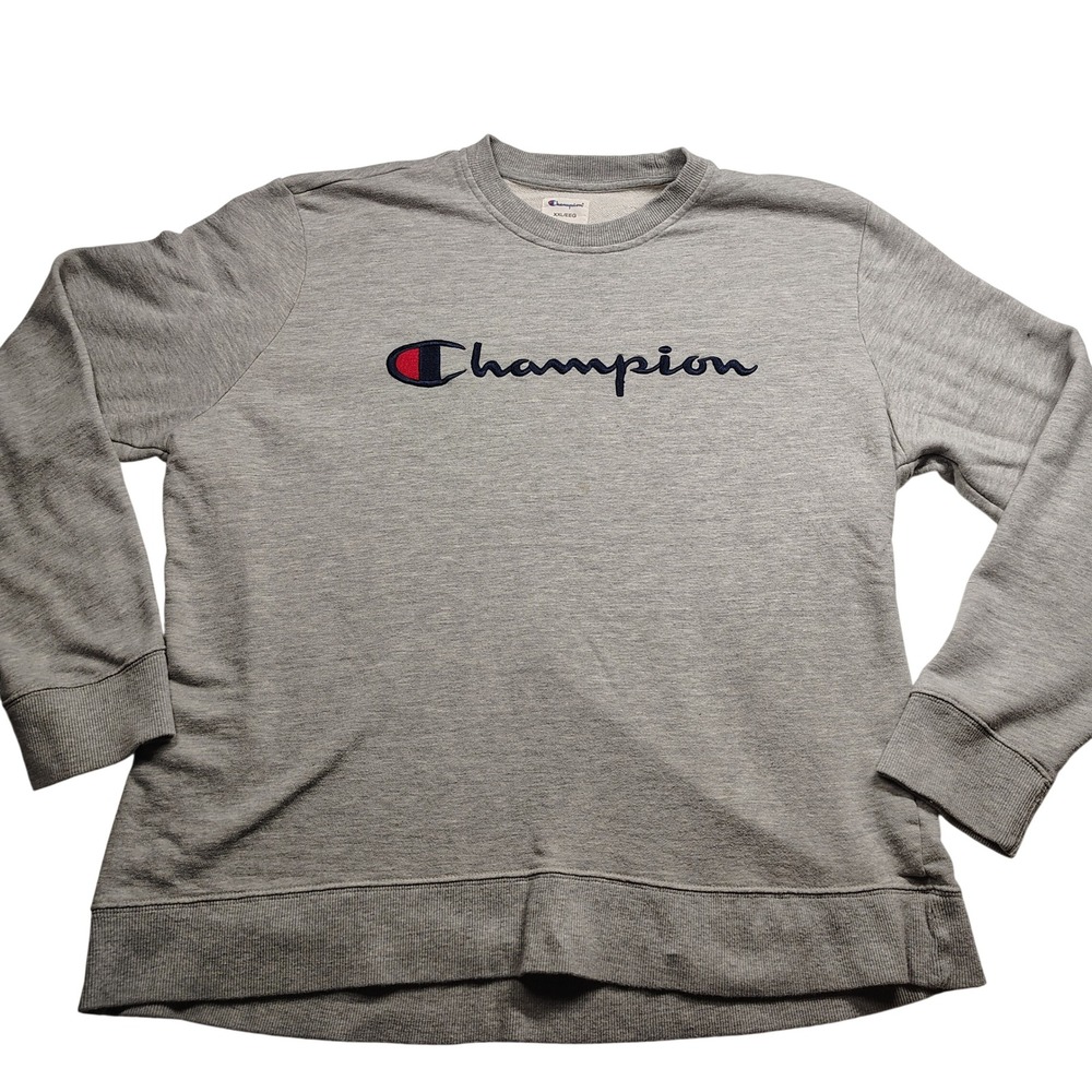 Champion Sweatshirt Mens 2XL Large Grey Long Sleeve Crew Neck pullover big logo